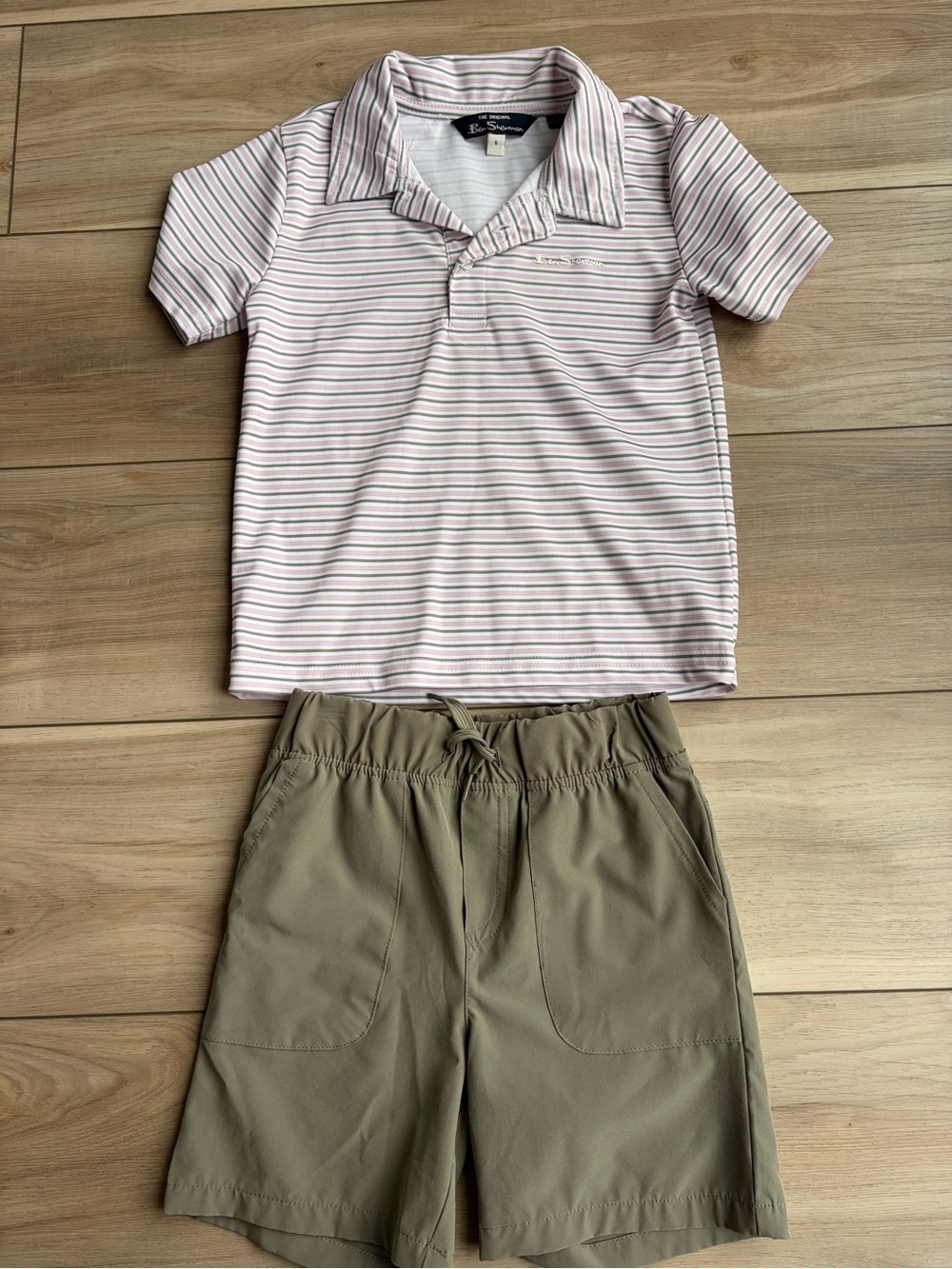 Eddie Bauer Pink & White Striped Polo Top with Khaki Shorts Set